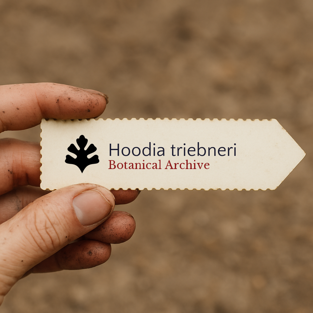 Printed plant label for Hoodia triebneri held by dirty hand with blurred soil background