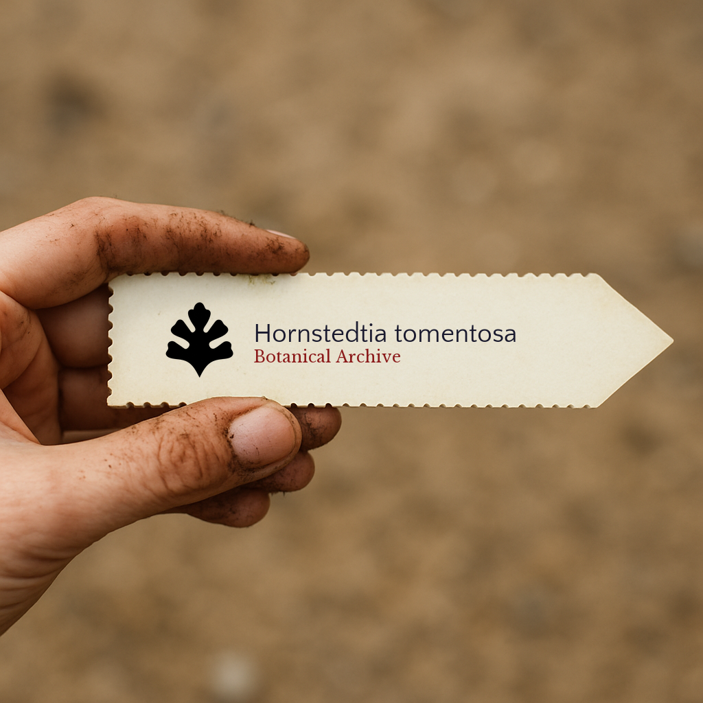 Printed plant label for Hornstedtia tomentosa held by dirty hand against soil background