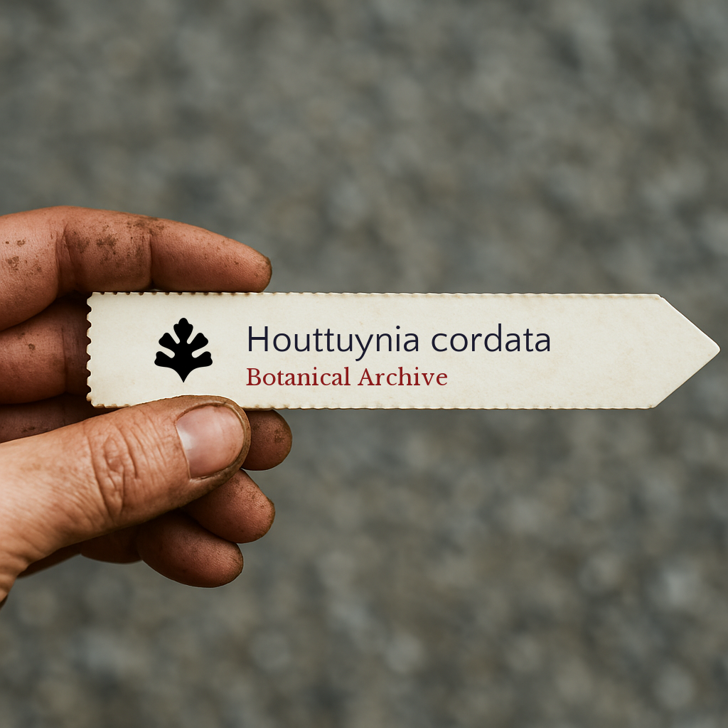 Printed plant label for Houttuynia cordata held by a dirt-stained hand