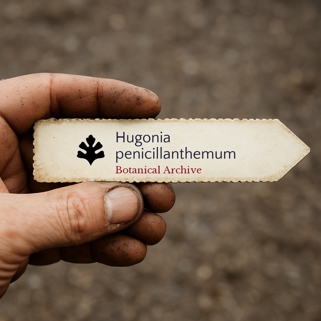 Etichetta per piante stampata per Hugonia penicillanthemum tenuta da un giardiniere con mani sporche