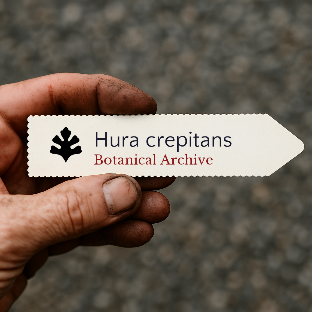 Etichetta per pianta stampata per Hura crepitans tenuta a mano con sfondo di terra