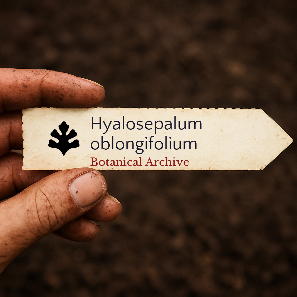 Etichetta stampata per pianta di Hyalosepalum oblongifolium tenuta sopra uno sfondo di terriccio