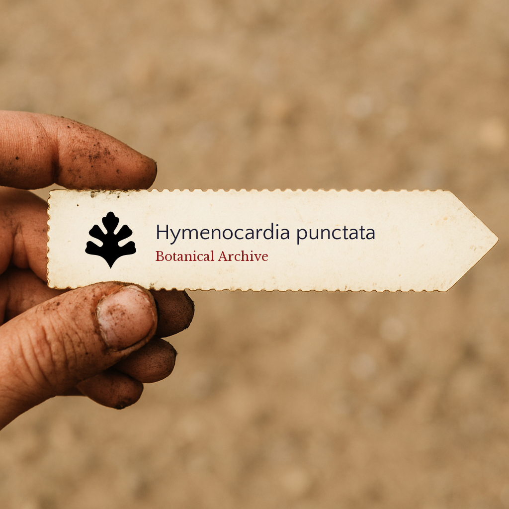 Printed plant label for Hymenocardia punctata held by dirty hand on blurred background