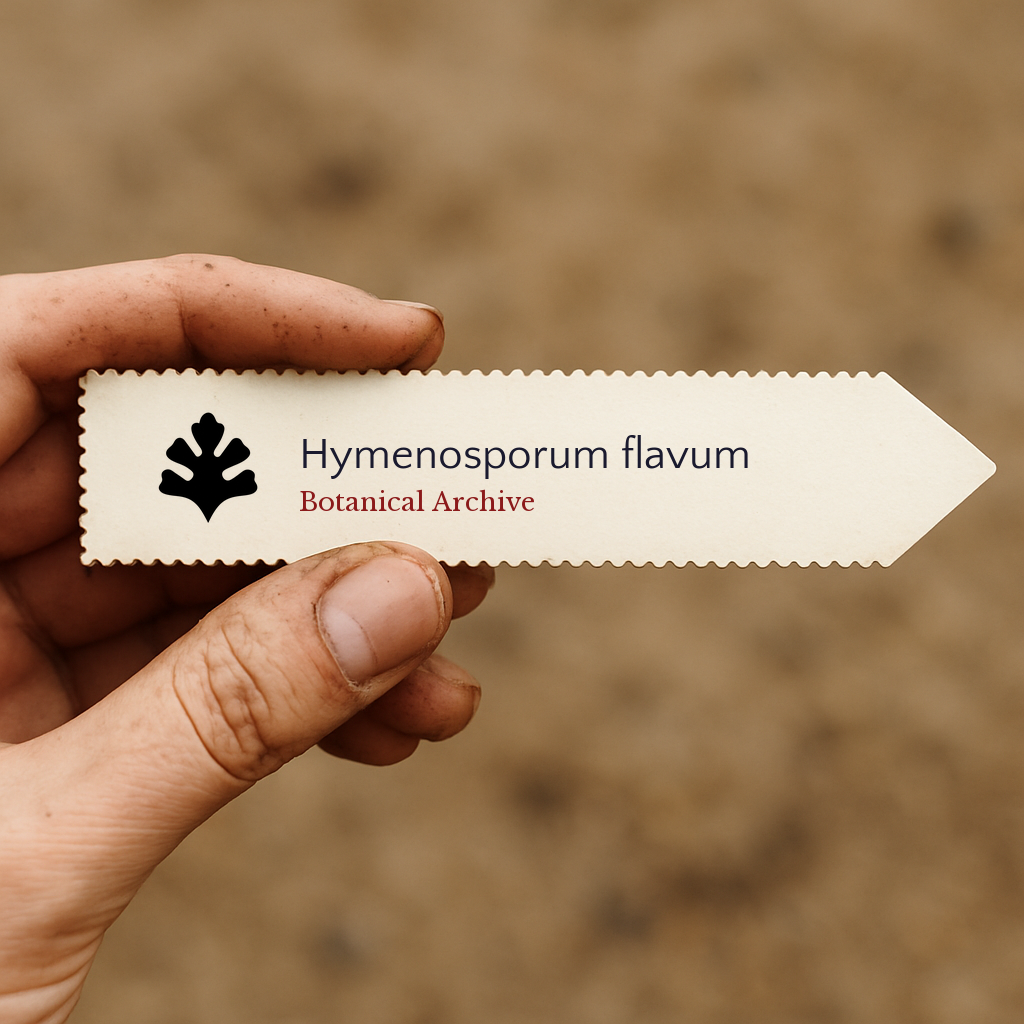 Etichetta per pianta stampata per Hymenosporum flavum tenuta a mano con sfondo di terra