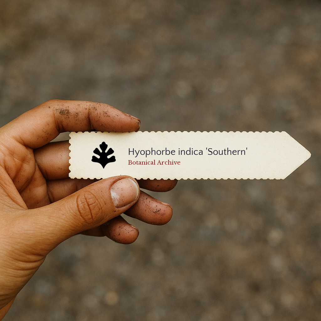 Printed plant label for Hyophorbe indica 'Southern' held by dirty hand outdoors