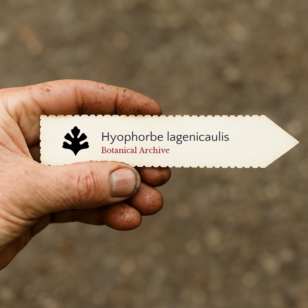Printed plant label for Hyophorbe lagenicaulis held by dirty hand with soil background