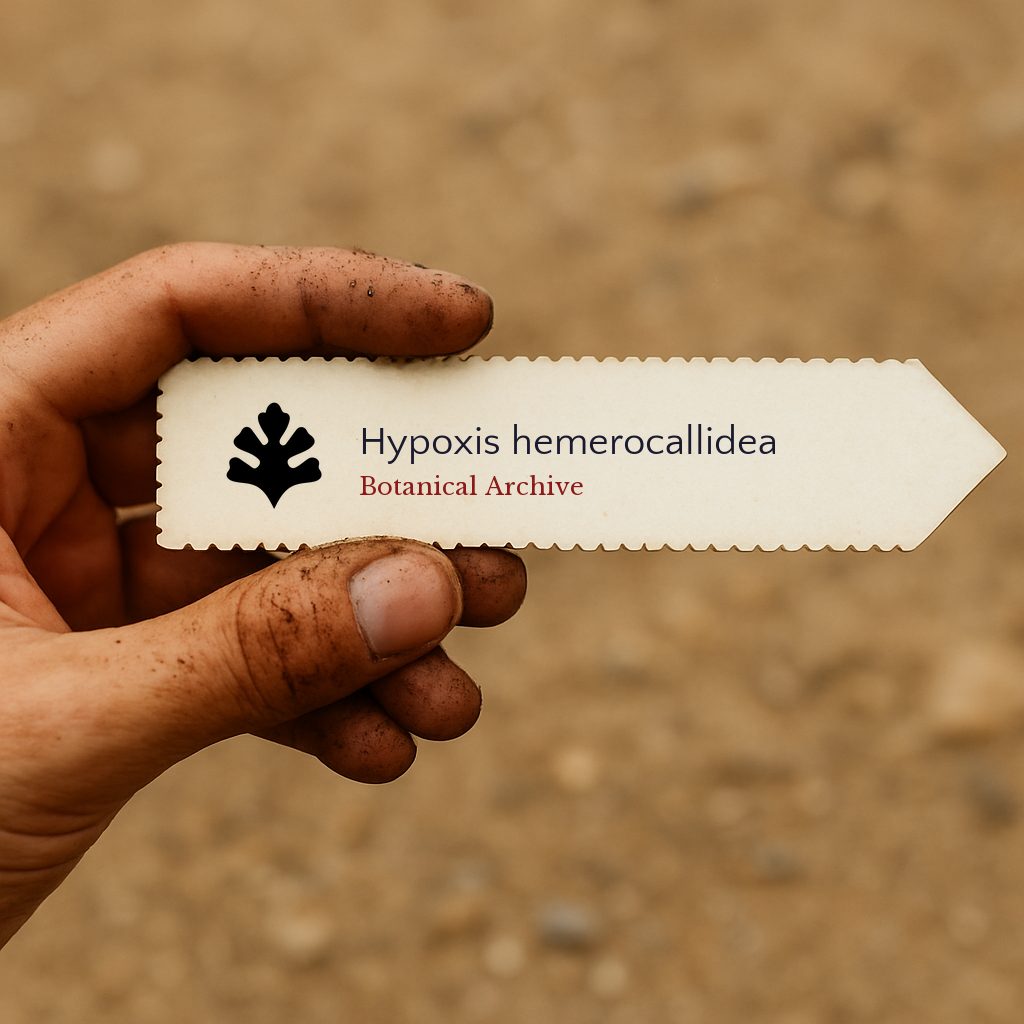 Printed plant label for Hypoxis hemerocallidea held by dirty hand on soil background