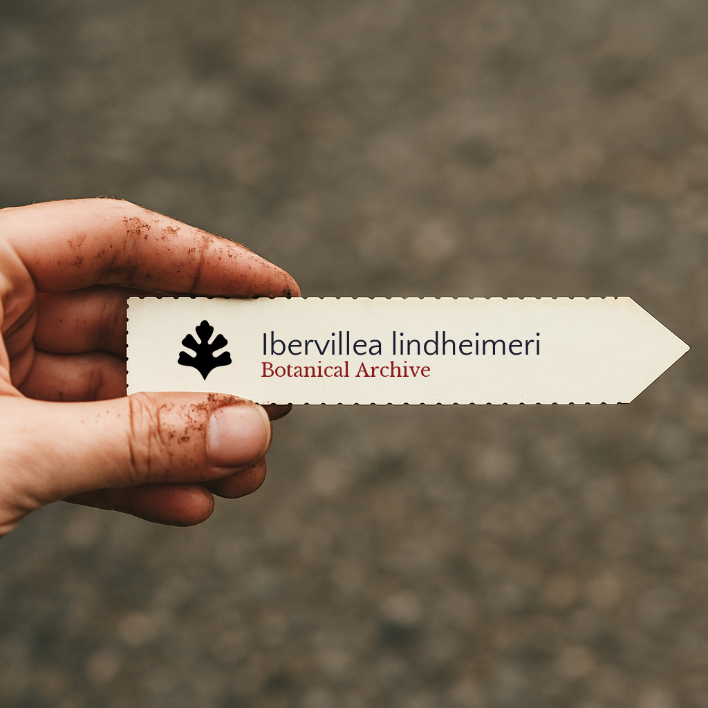 Printed plant label for Ibervillea lindheimeri held by hand with soil dirt background