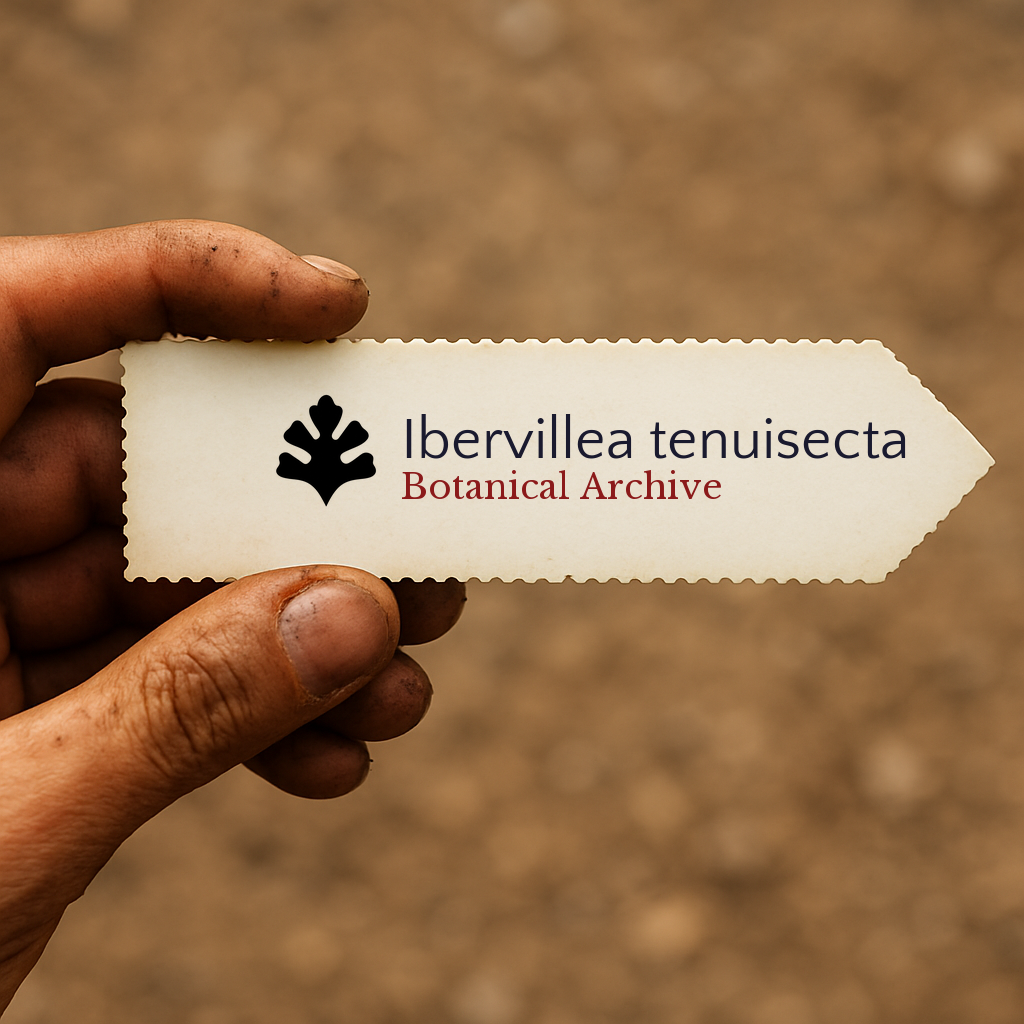 Printed plant label for Ibervillea tenuisecta held by hand with dirt background