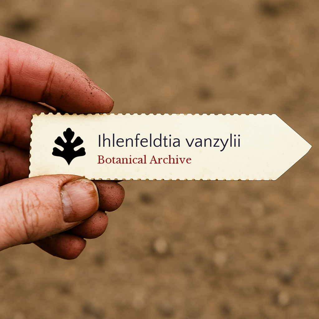 Etichetta per pianta stampata di Ihlenfeldtia vanzylii tenuta a mano con sfondo di terreno