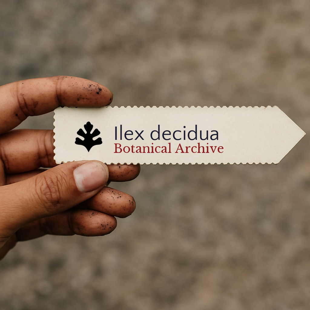 Etichetta stampata per pianta di Ilex decidua con il logo Botanical Archive tenuta da una mano sporca