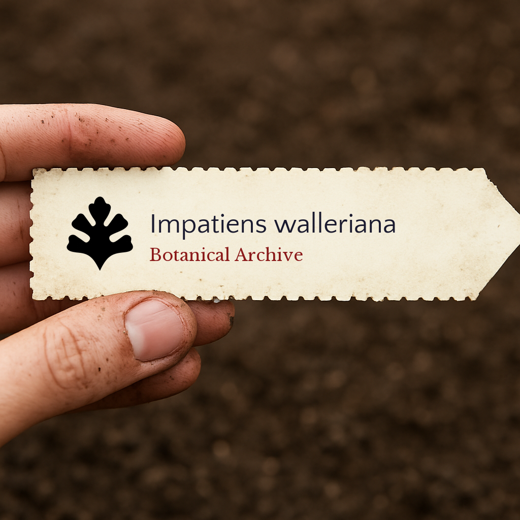 Etichetta per piante stampata per Impatiens walleriana su sfondo di terreno
