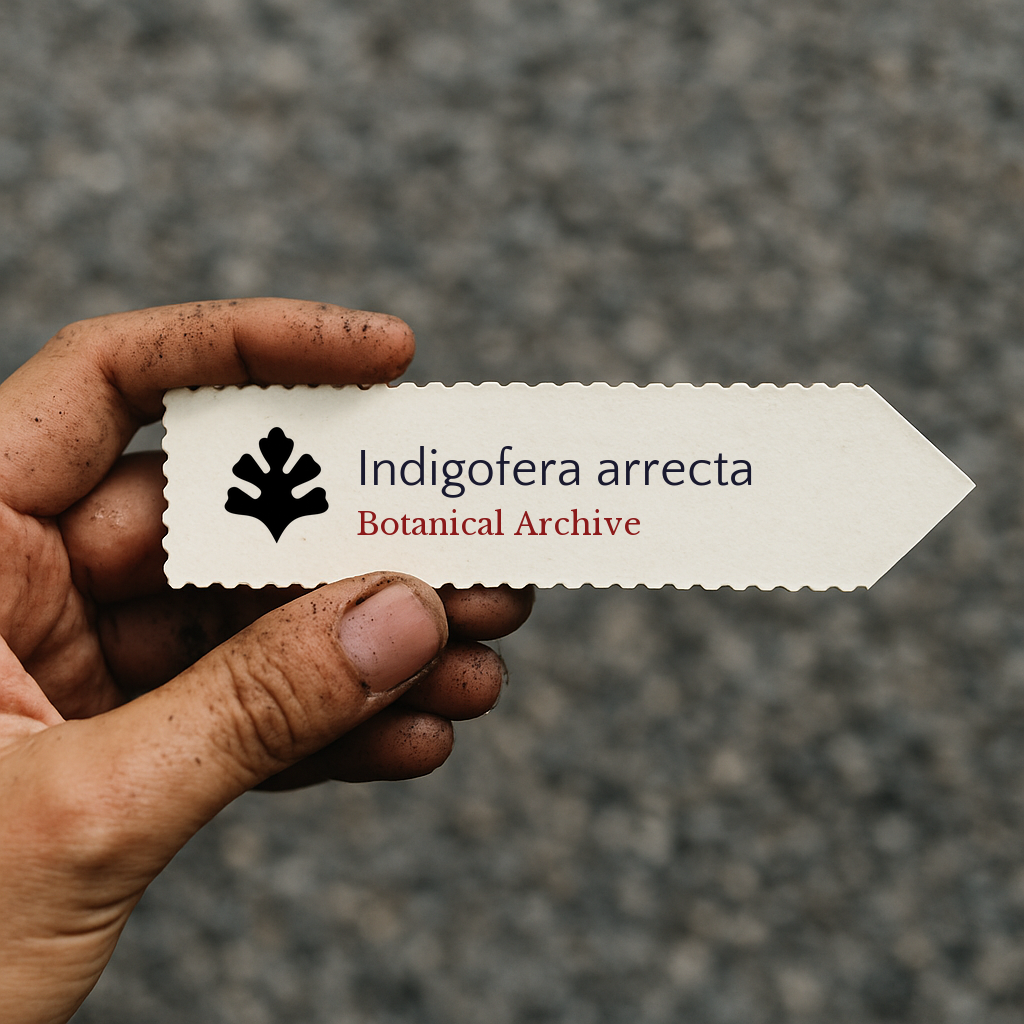 Etichetta per piante stampata di Indigofera arrecta tenuta a mano con terra sulle dita
