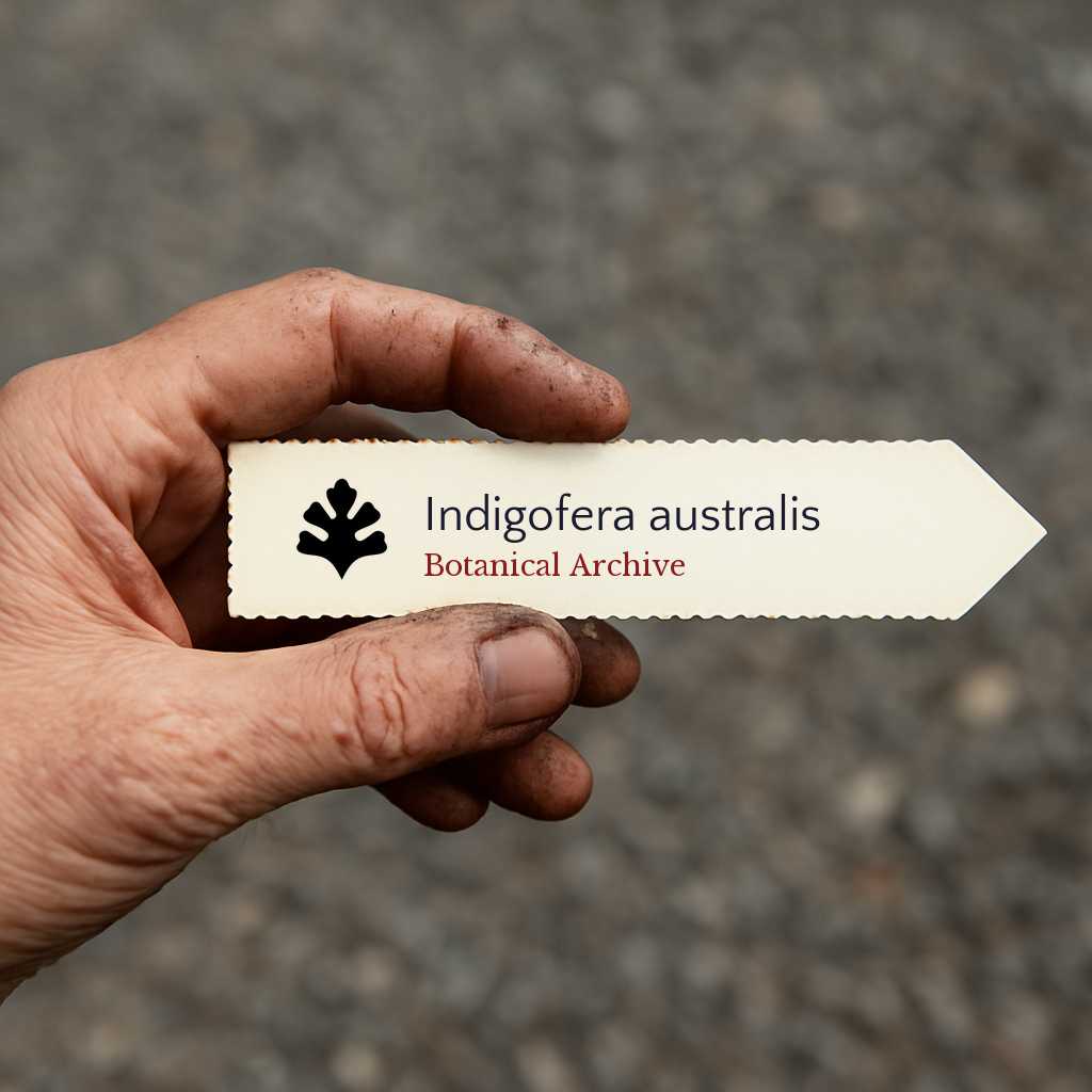 Printed plant label for Indigofera australis held by dirty hand on gravel background