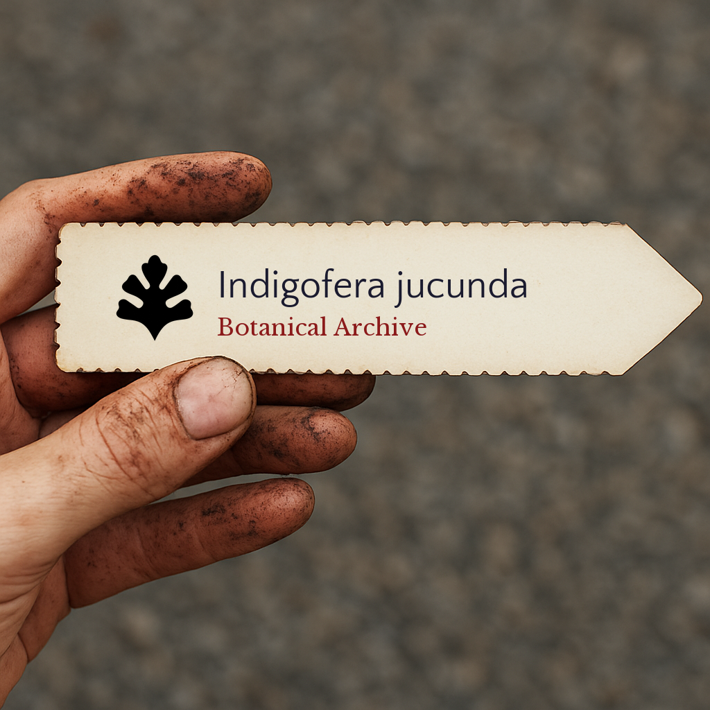 Printed plant label for Indigofera jucunda held by dirty hand outdoors