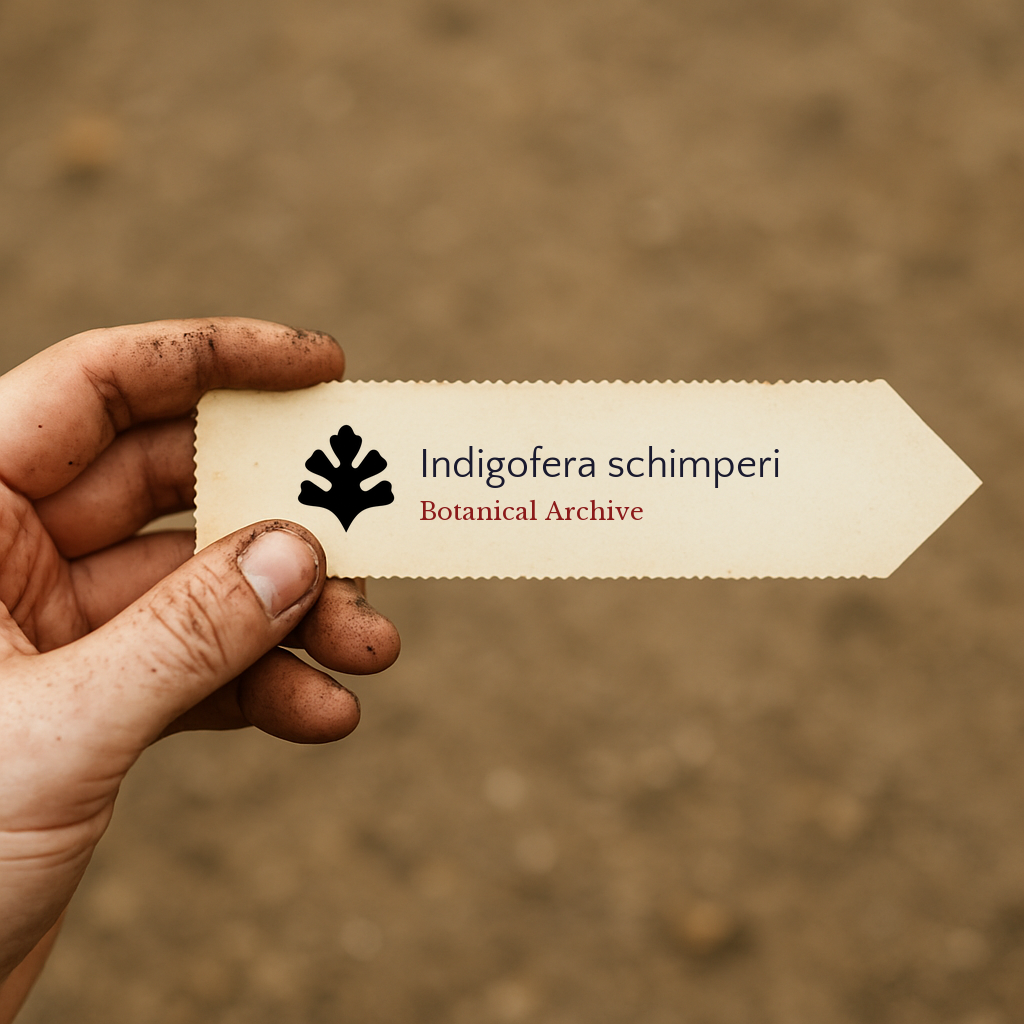 Etichetta stampata per pianta di Indigofera schimperi tenuta a mano con sfondo di terreno