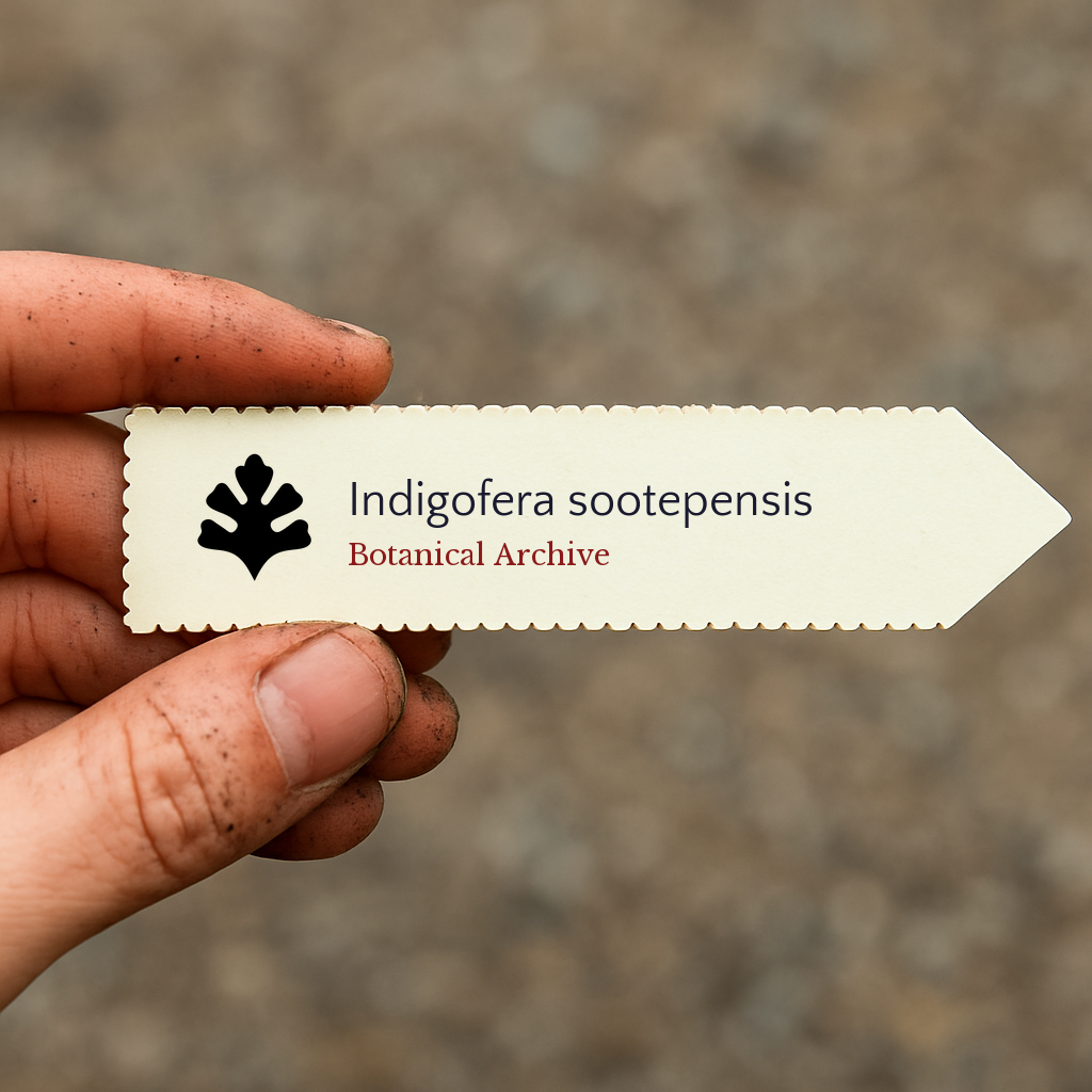 Printed plant label for Indigofera sootepensis held by hand with dirt background