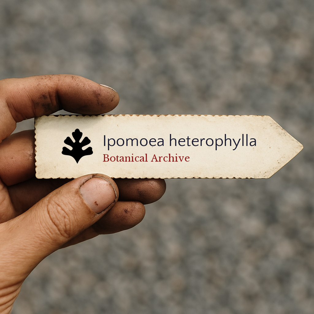Etichetta vegetale stampata per Ipomoea heterophylla tenuta a mano con terra sulle dita