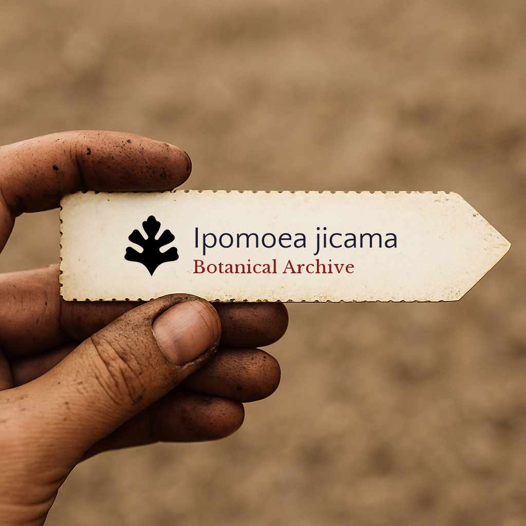 Etichetta per pianta stampata per Ipomoea jicama tenuta da una mano sporca contro sfondo sfocato