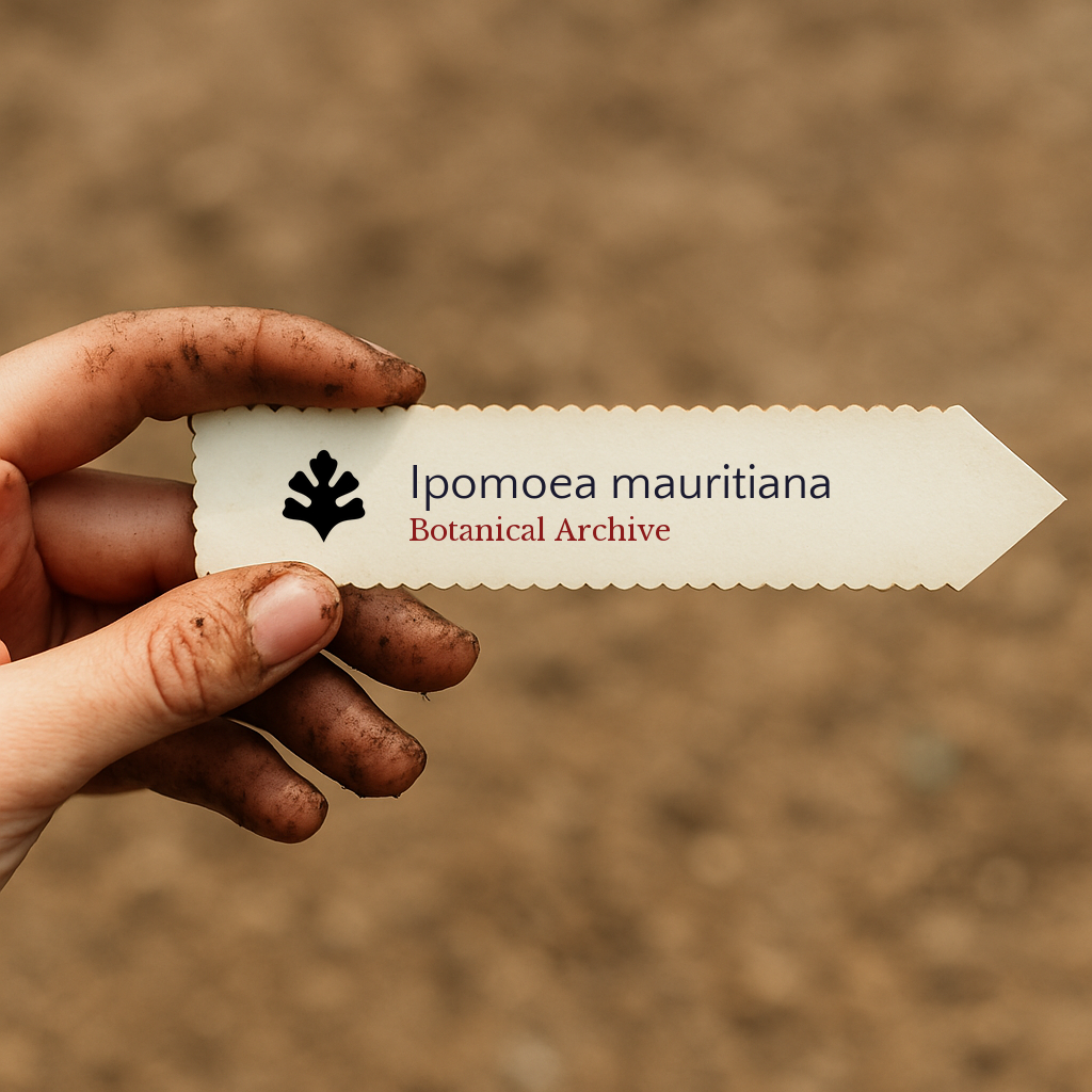 Printed plant label for Ipomoea mauritiana held by dirty hand over soil background