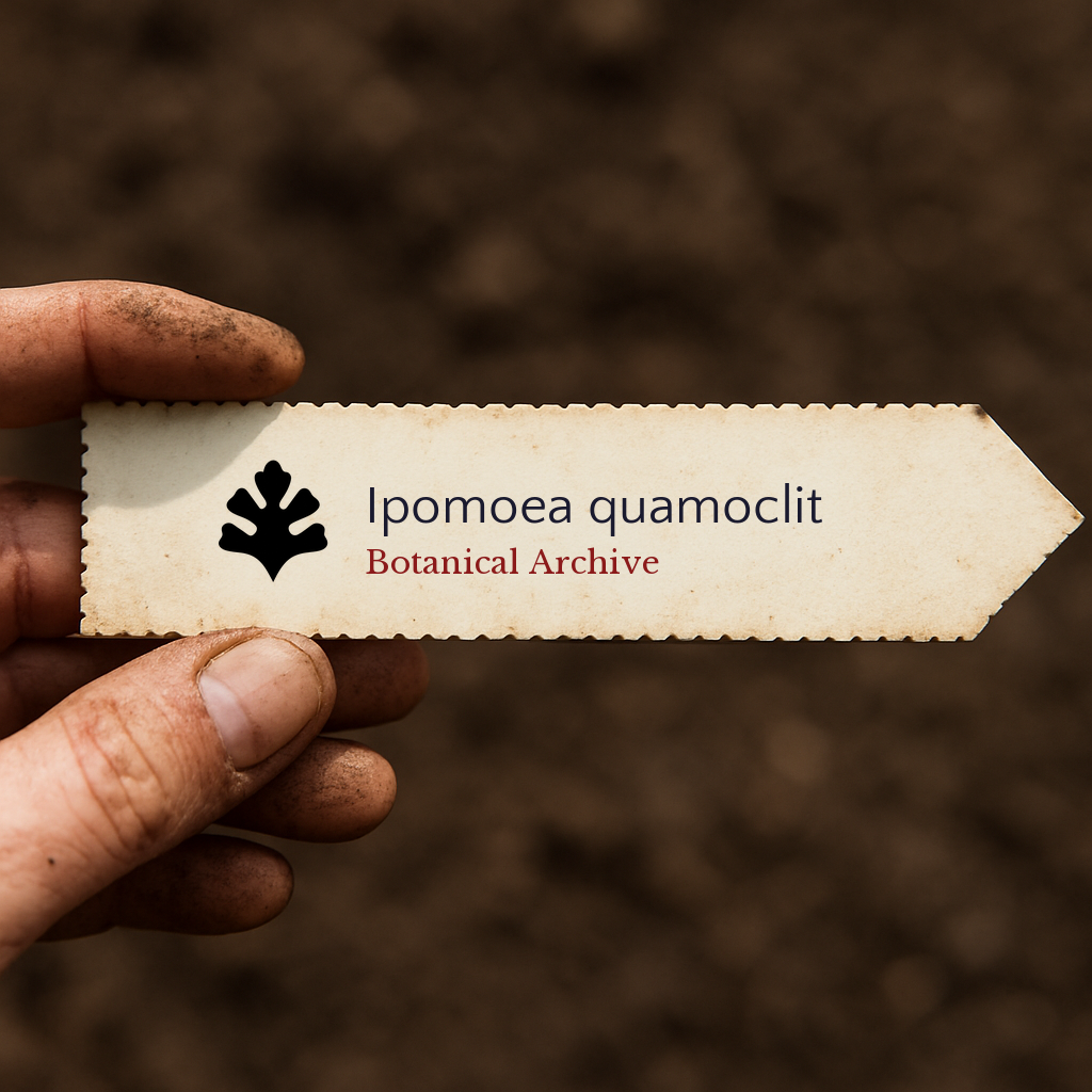 Etichetta stampata per pianta di Ipomoea quamoclit su sfondo di terreno