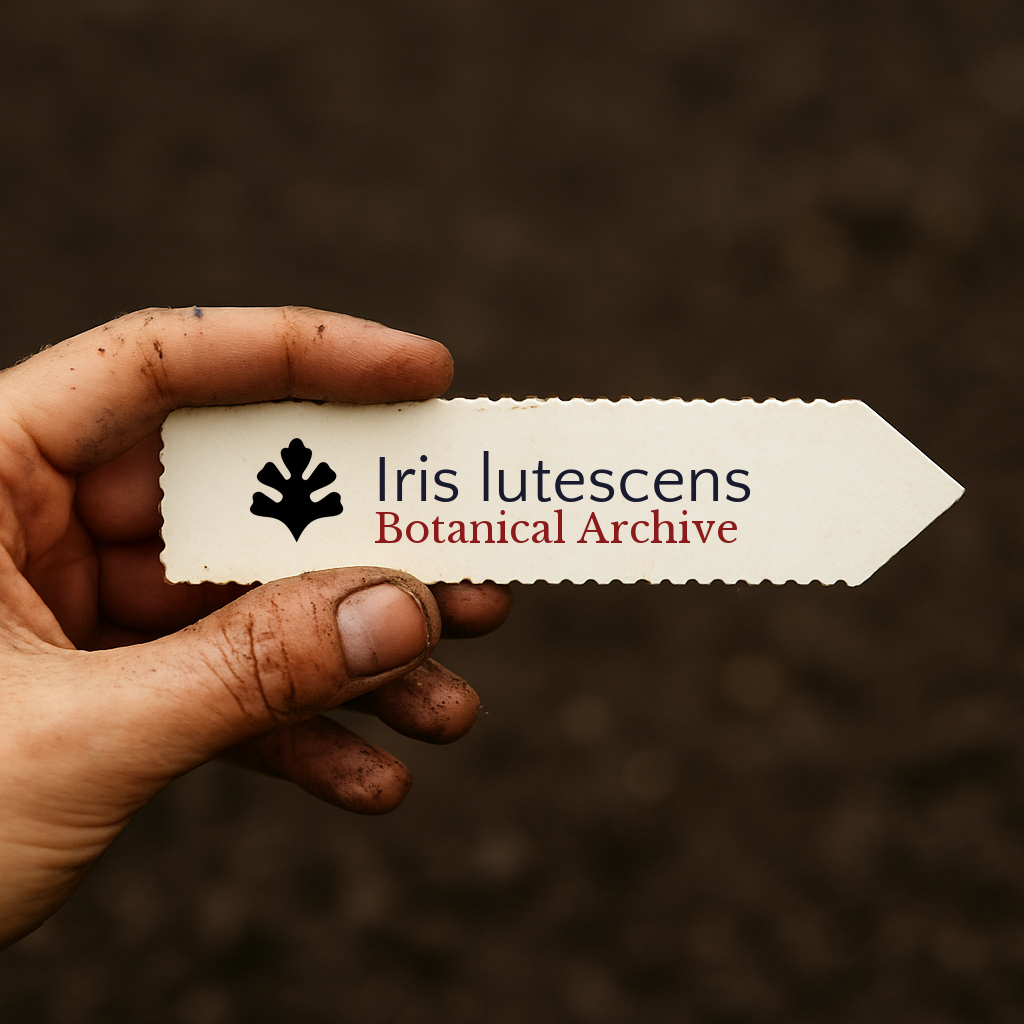 Etichetta per piante stampata per Iris lutescens tenuta da una mano sporca su sfondo di terreno