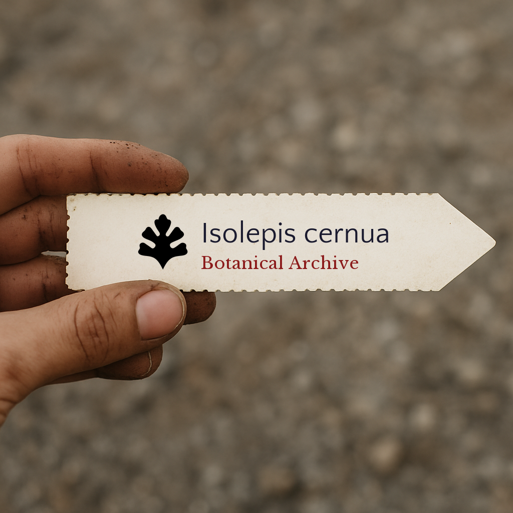 Printed plant label for Isolepis cernua held by hand with soil background