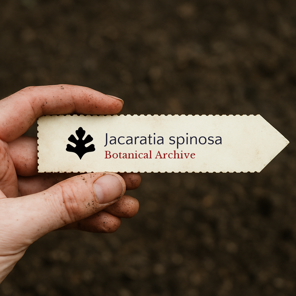 Etichetta stampata a forma di freccia per Jacaratia spinosa tenuta da una mano sporca su sfondo di terreno