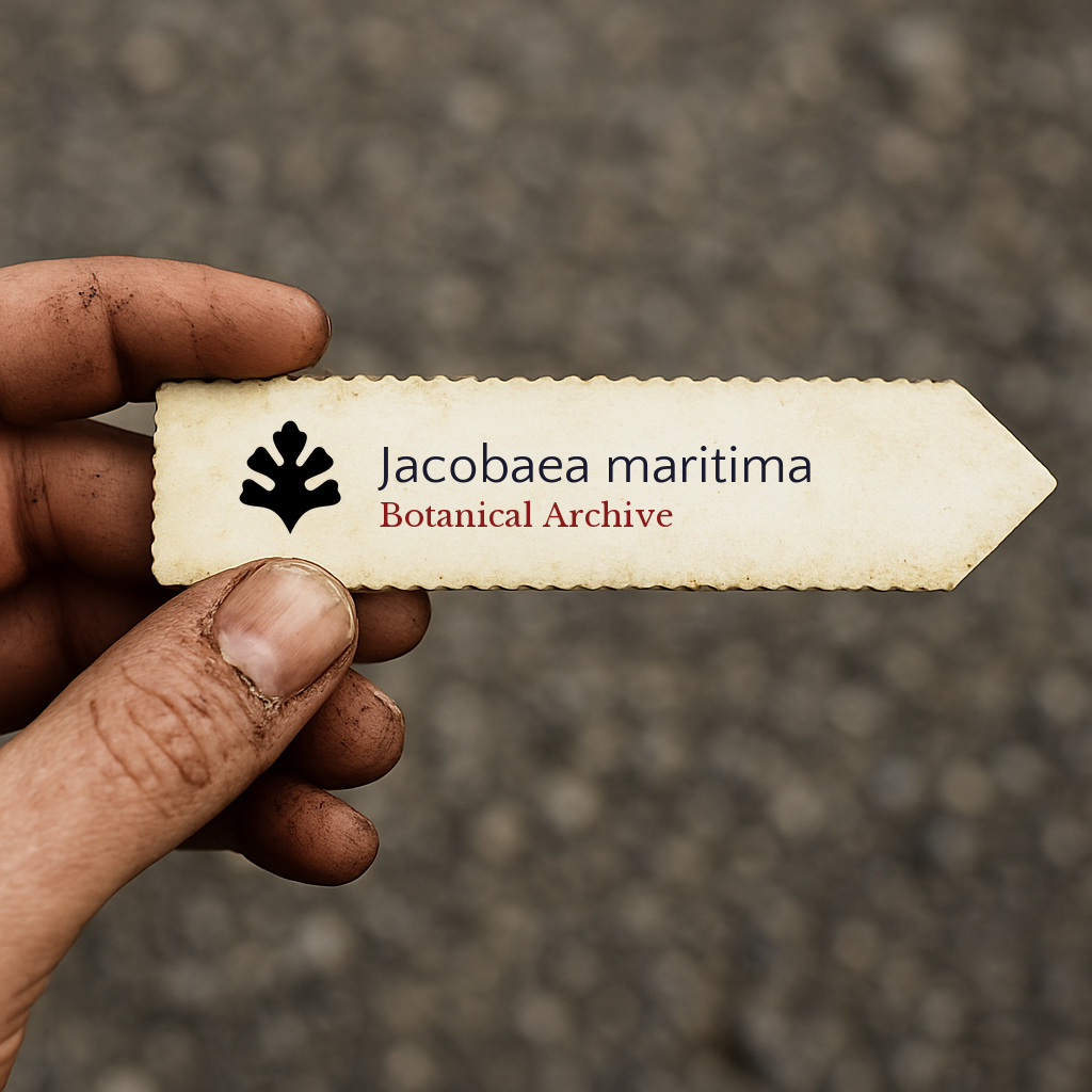 Etichetta stampata per pianta di Jacobaea maritima con logo Botanical Archive tenuta a mano