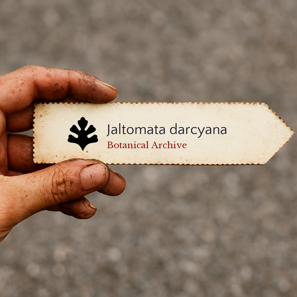 Handheld vintage botanical archive label for Jaltomata darcyana with leaf logo
