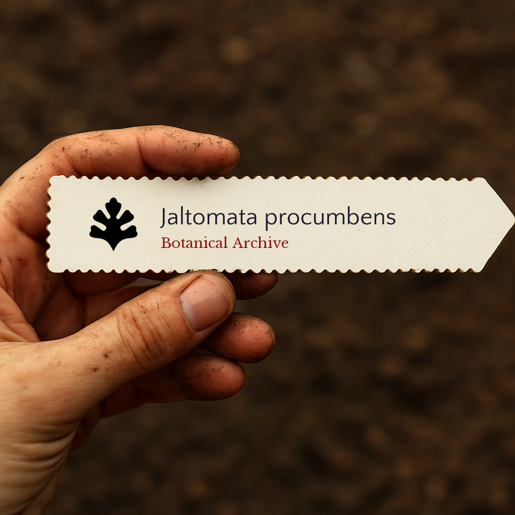 Printed plant label for Jaltomata procumbens with botanical archive logo held over soil background