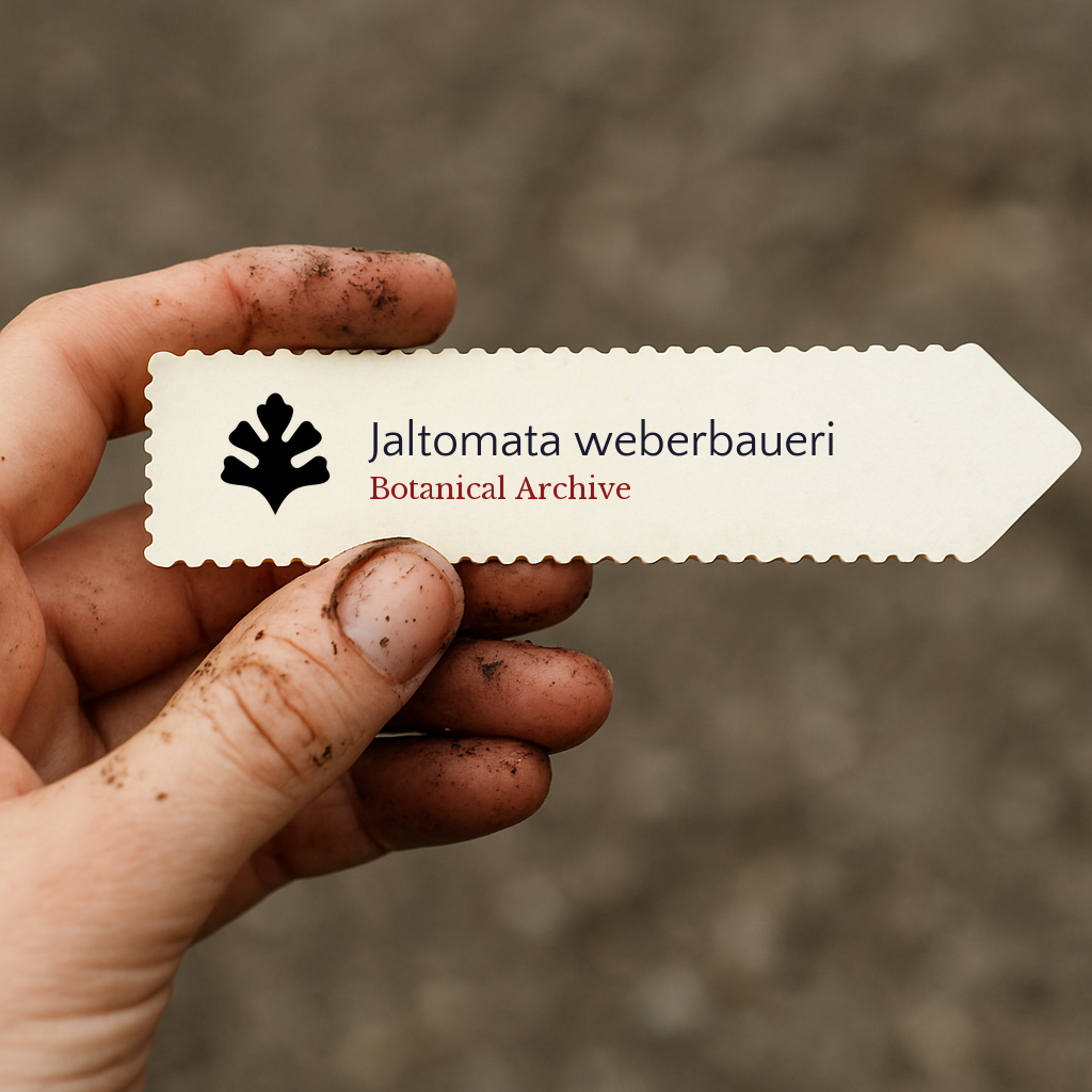 Etichetta stampata per pianta Jaltomata weberbaueri tenuta da mano sporca in ambiente da giardino