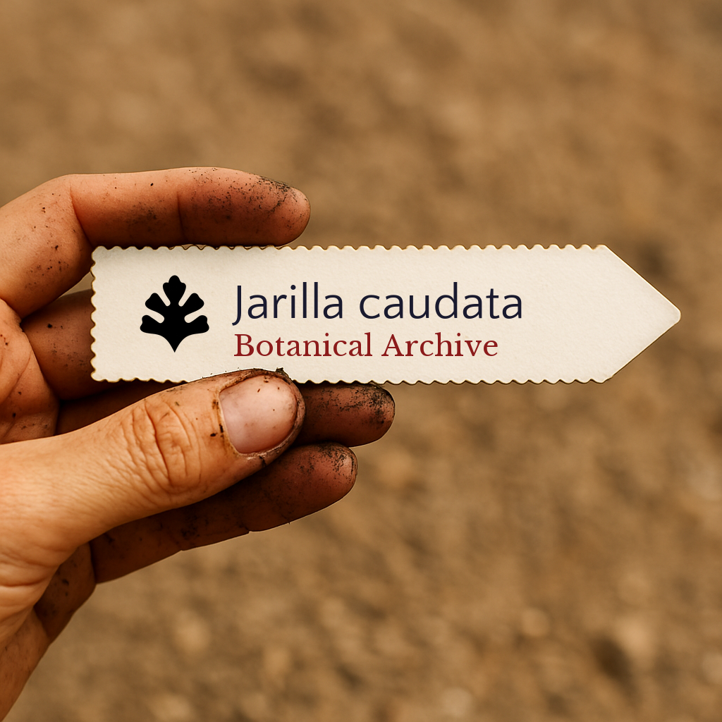 Printed plant label for Jarilla caudata held by dirty hand over soil background
