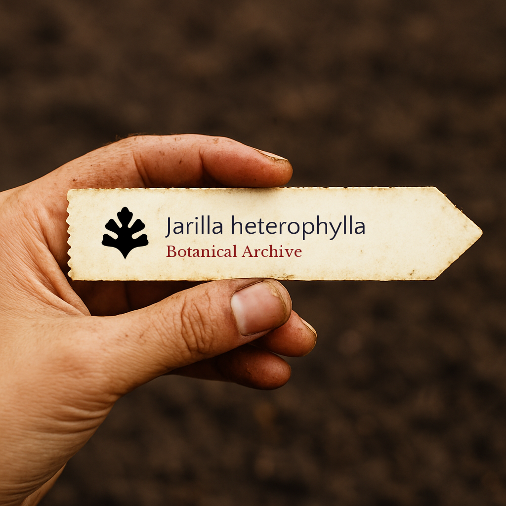 Etichetta per pianta stampata per Jarilla heterophylla tenuta a mano su sfondo di terreno