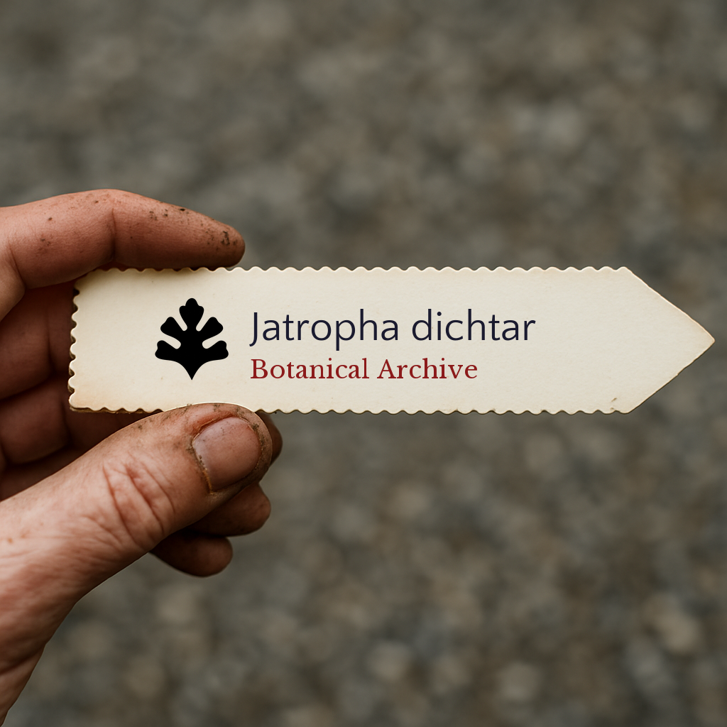 Etichetta stampata per pianta di Jatropha dichtar con logo Botanical Archive tenuta in mano