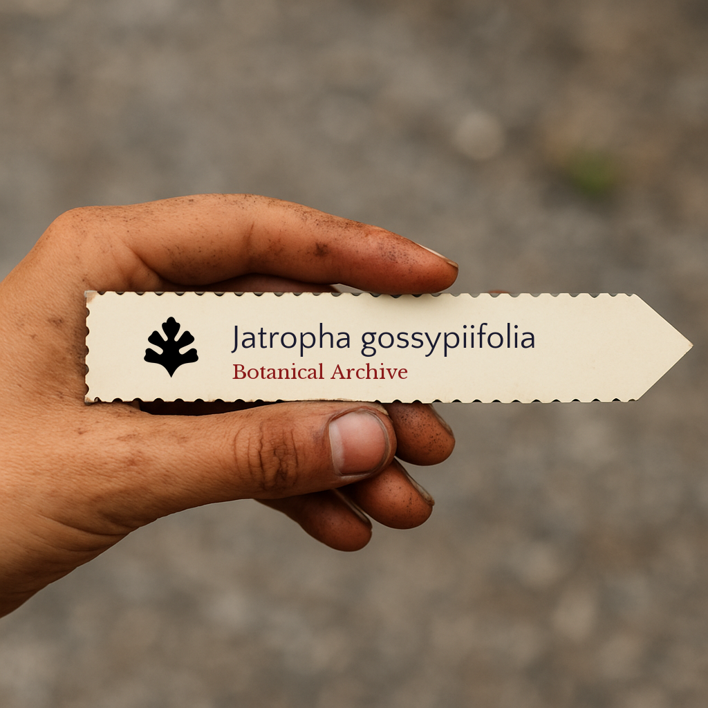 Printed plant label for Jatropha gossypiifolia held by a dirt-stained hand