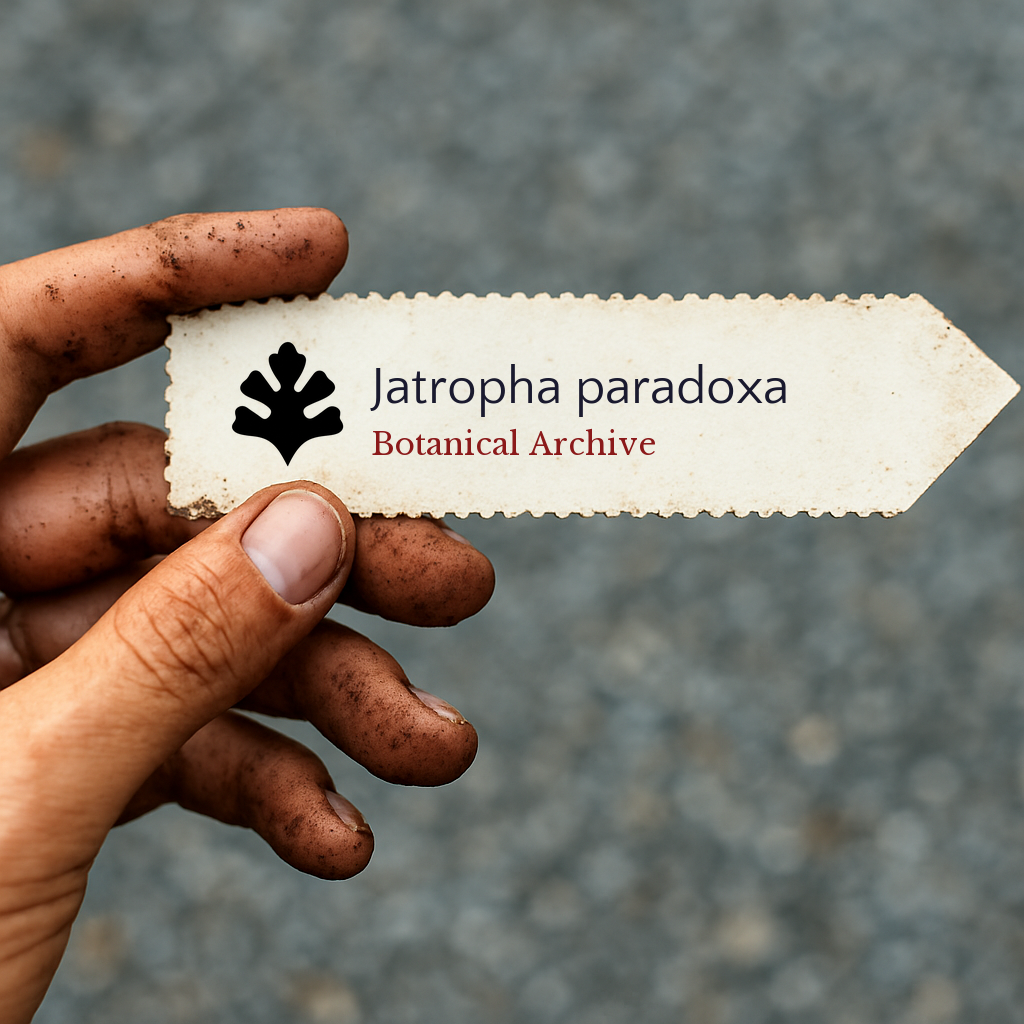 Etichetta per pianta stampata per Jatropha paradoxa tenuta da una mano sporca all'aperto