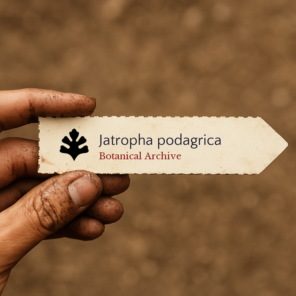 Etichetta stampata per pianta di Jatropha podagrica tenuta da una mano sporca su sfondo sfocato