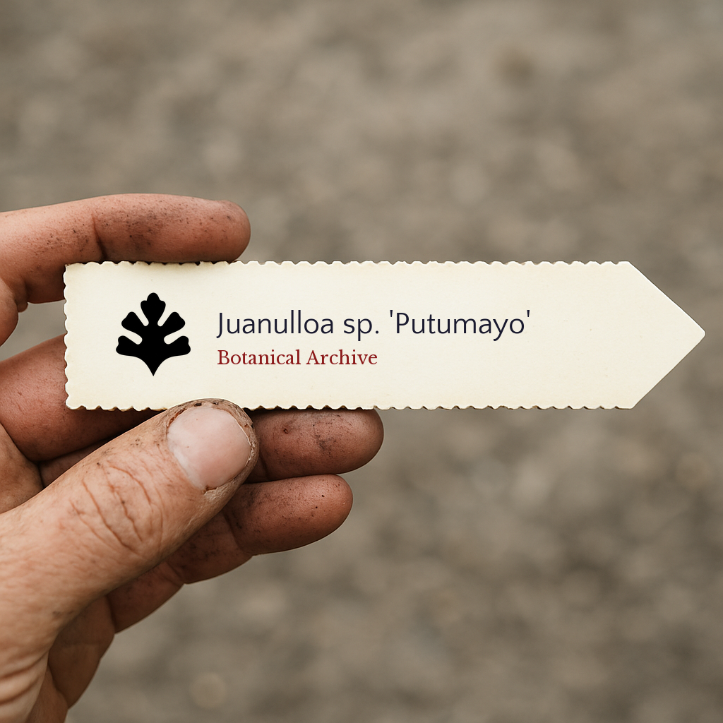 Etichetta per pianta stampata per Juanulloa sp. 'Putumayo' tenuta in mano con terra