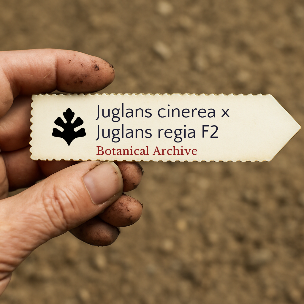 Etichetta della pianta stampata per Juglans cinerea x Juglans regia F2 tenuta in mano con sfondo di terra