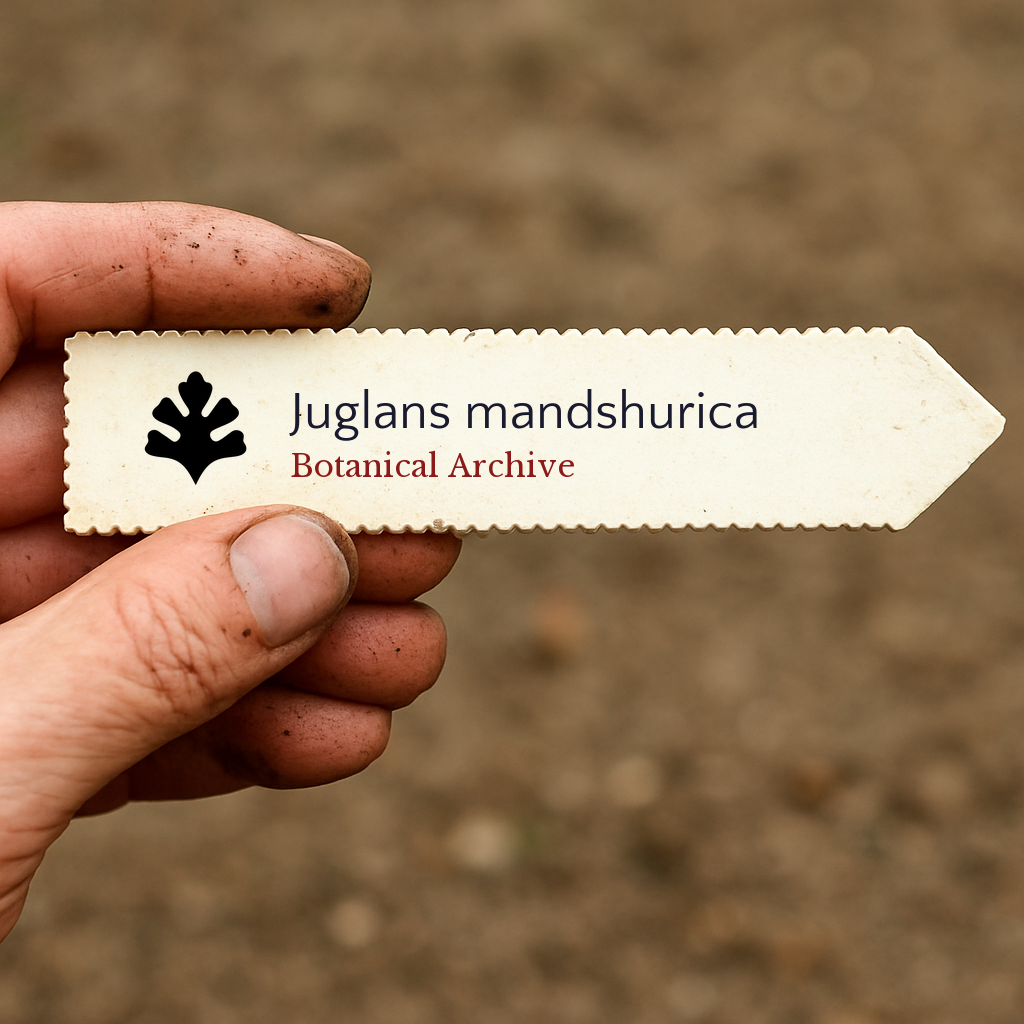 Etichetta botanica stampata per Juglans mandshurica con logo Botanical Archive tenuta a mano