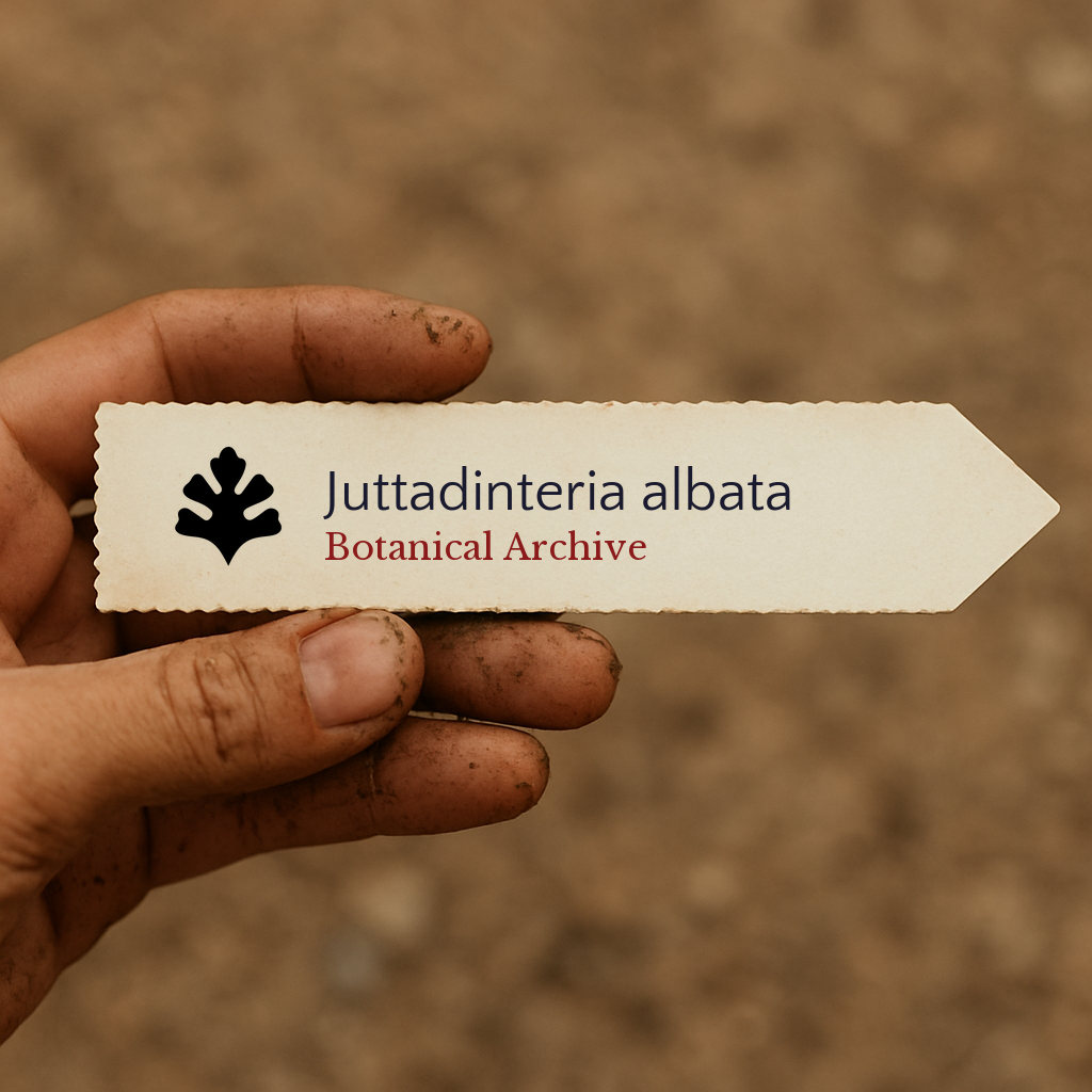 Printed plant label for Juttadinteria albata held by dirty hand over soil background