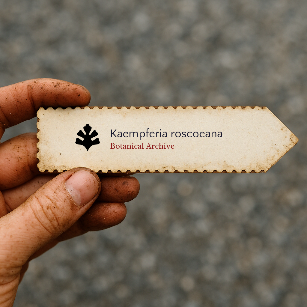Printed plant tag for Kaempferia roscoeana with botanical archive logo held by dirty hand