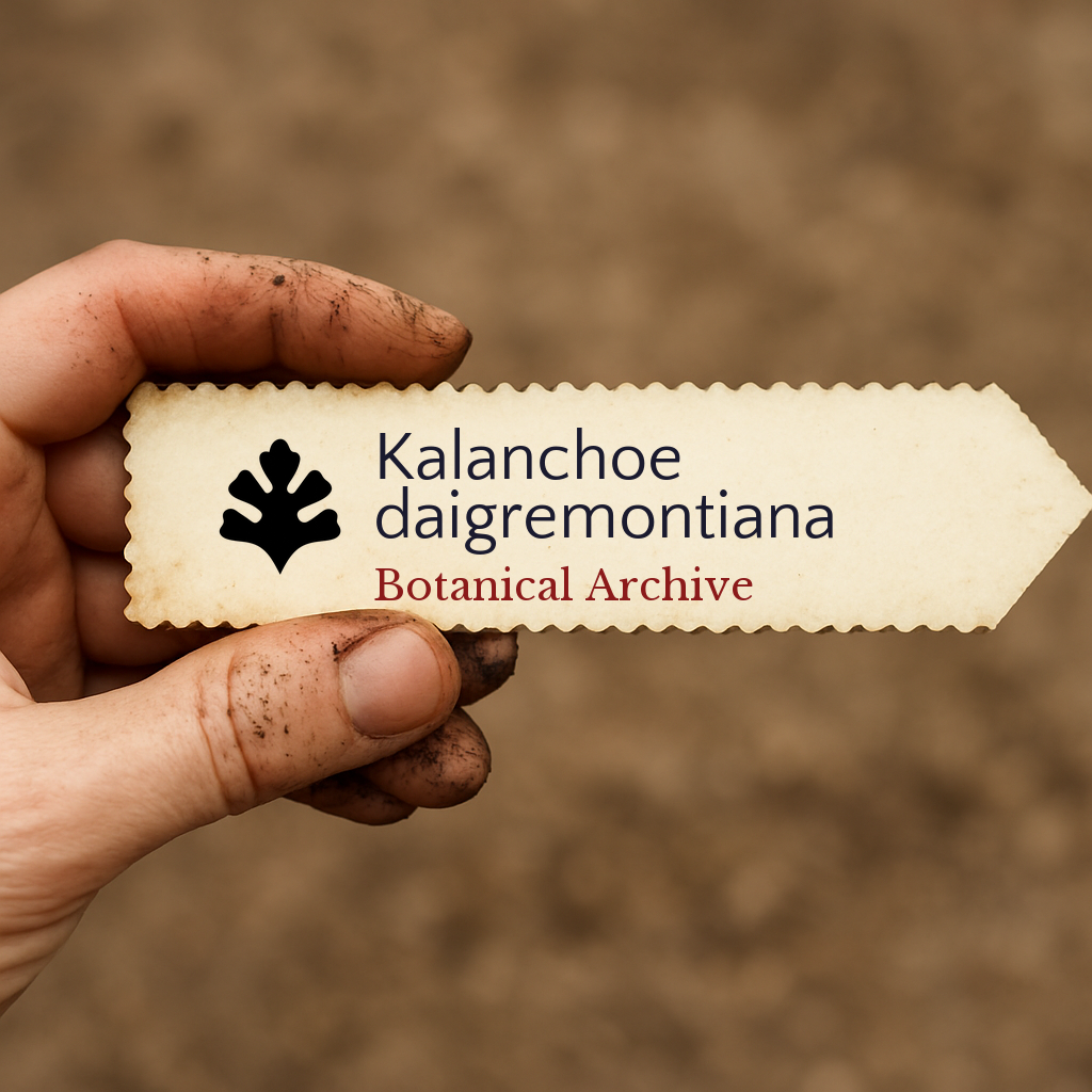 Etichetta per pianta stampata per Kalanchoe daigremontiana tenuta da mano sporca all'aperto