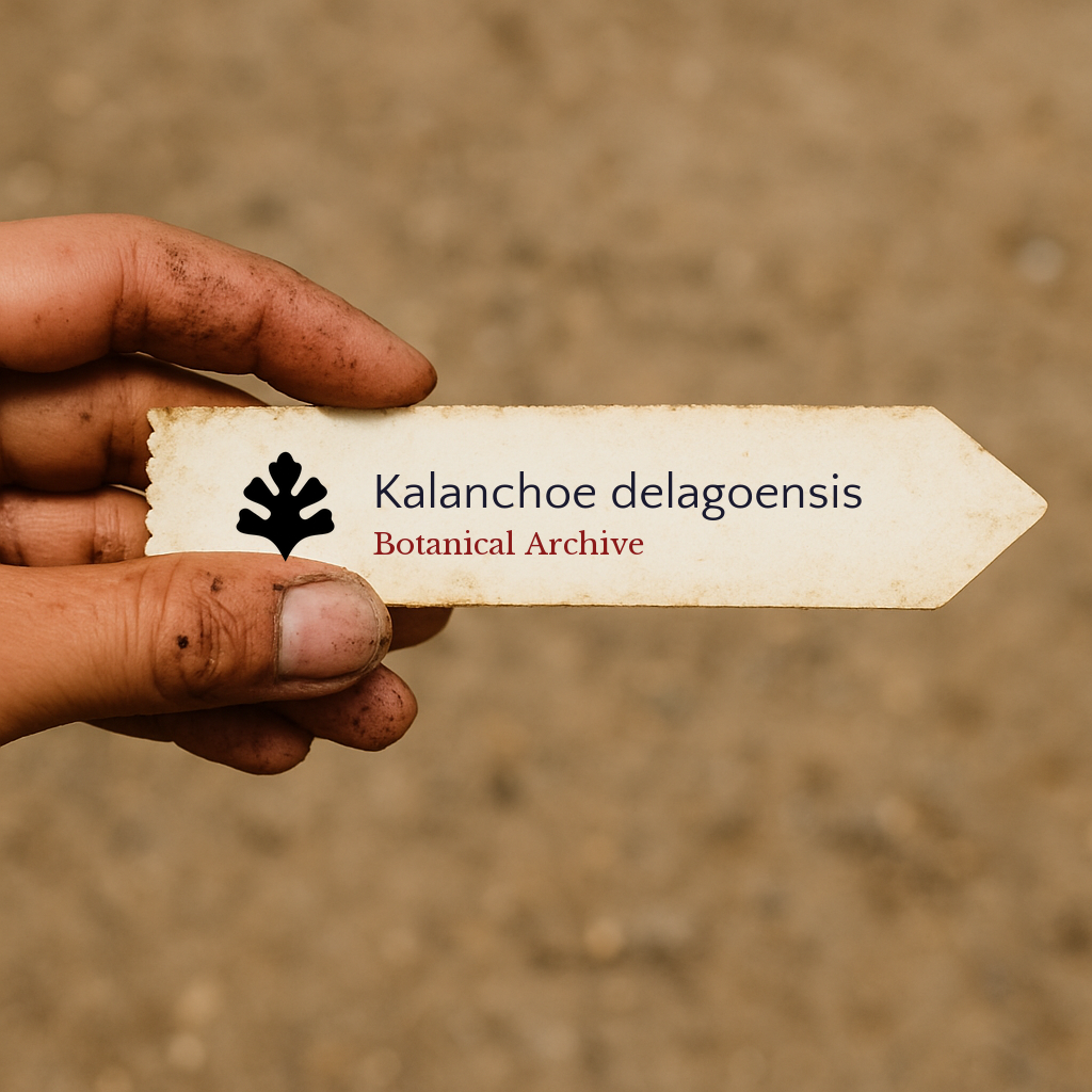 Printed plant label for Kalanchoe delagoensis held by dirty hand outdoors