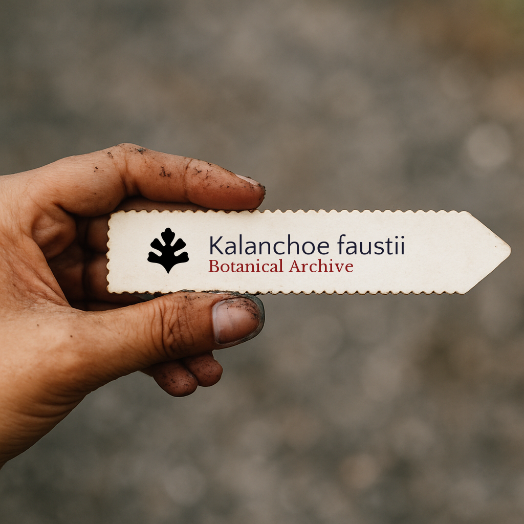 Printed plant label for Kalanchoe faustii held by hand with dirt on fingers