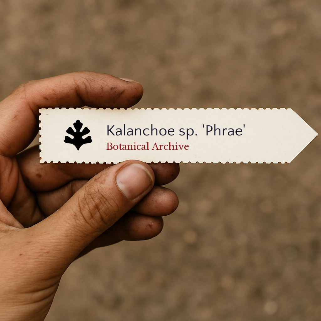 Etichetta per pianta stampata per Kalanchoe sp. 'Phrae' tenuta in mano con sfondo di terra