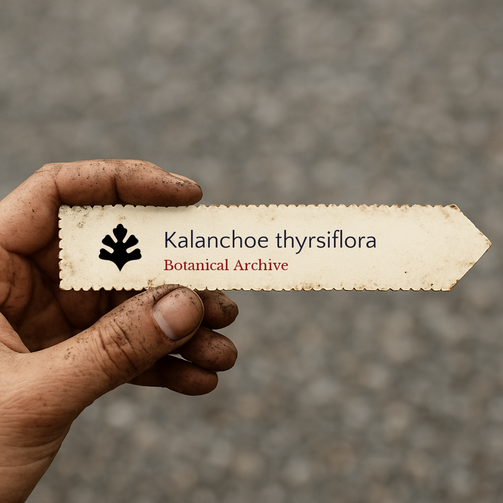 Printed plant label for Kalanchoe thyrsiflora held by dirty hand outdoors