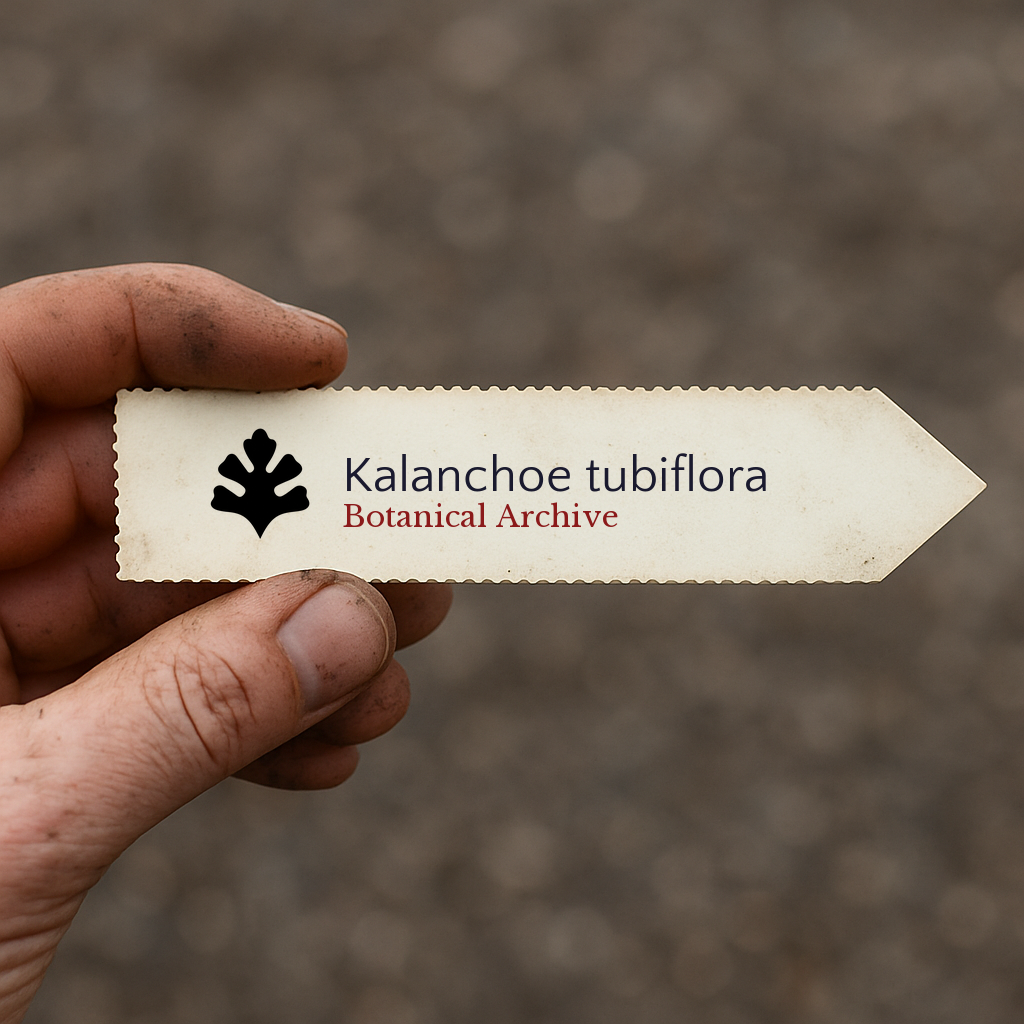Printed plant label for Kalanchoe tubiflora held by hand with soil background