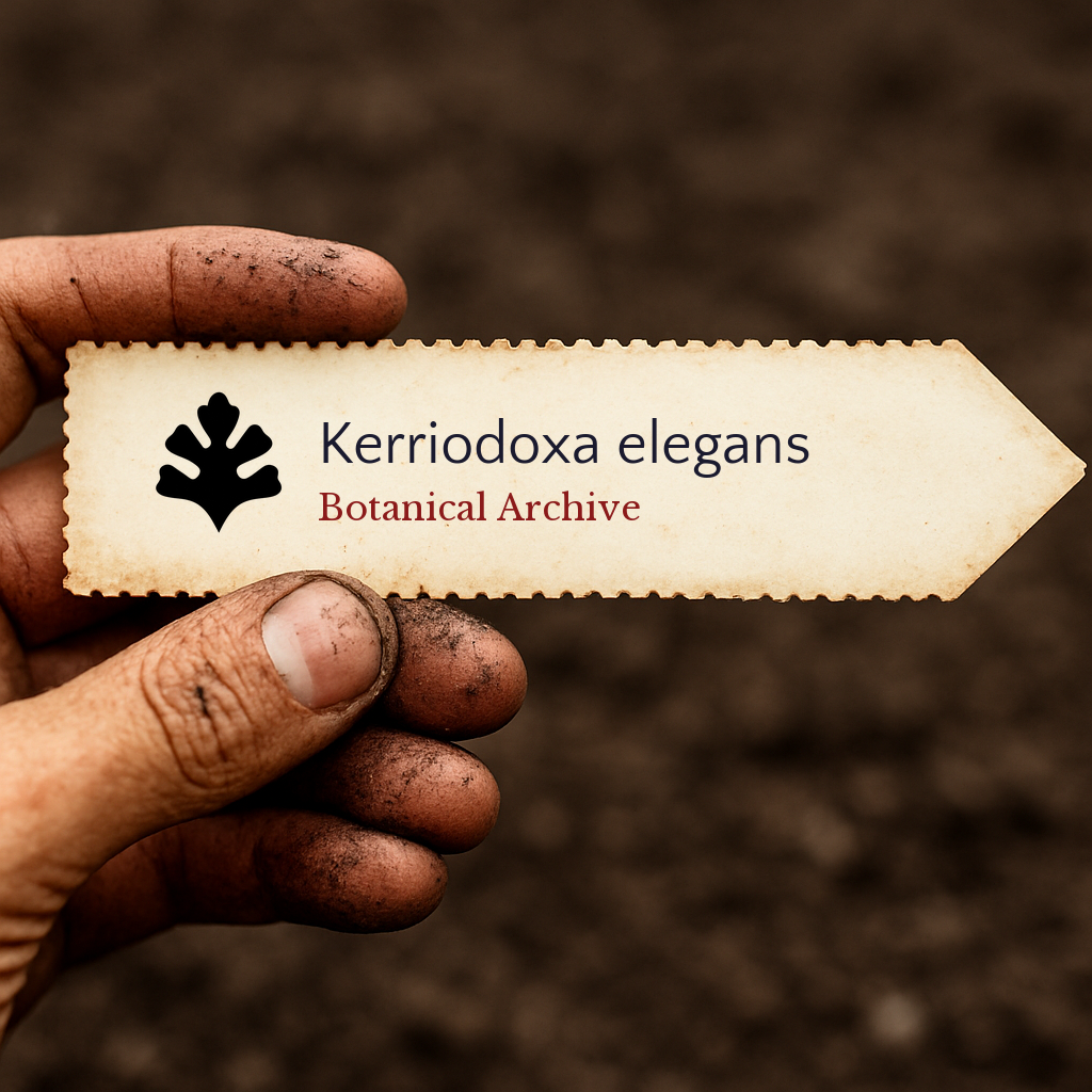 Etichetta per pianta stampata per Kerriodoxa elegans tenuta da mano sporca su sfondo di terreno